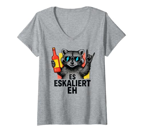 Damen Es Eskaliert Eh - Lustiges Waschbär Party T-Shirt mit V-Ausschnitt von Party & Trinksprüche