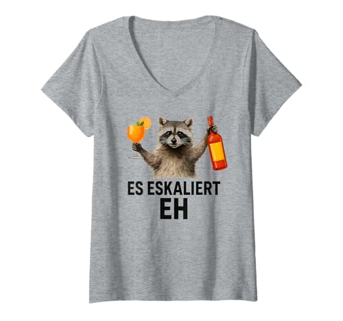 Damen Es Eskaliert Eh - Lustiges Waschbär Party T-Shirt mit V-Ausschnitt von Party & Trinksprüche