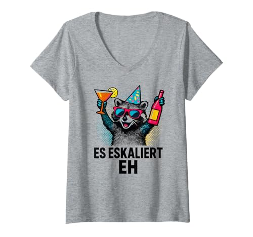 Damen Es Eskaliert Eh - Lustiges Waschbär Party T-Shirt mit V-Ausschnitt von Party & Trinksprüche