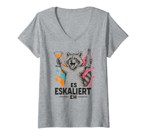 Damen Es Eskaliert Eh - Lustiges Waschbär Party T-Shirt mit V-Ausschnitt von Party & Trinksprüche