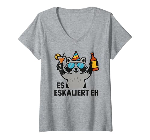 Damen Es Eskaliert Eh - Lustiges Waschbär Party T-Shirt mit V-Ausschnitt von Party & Trinksprüche