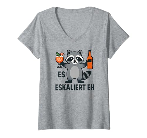 Damen Es Eskaliert Eh - Lustiges Waschbär Party T-Shirt mit V-Ausschnitt von Party & Trinksprüche