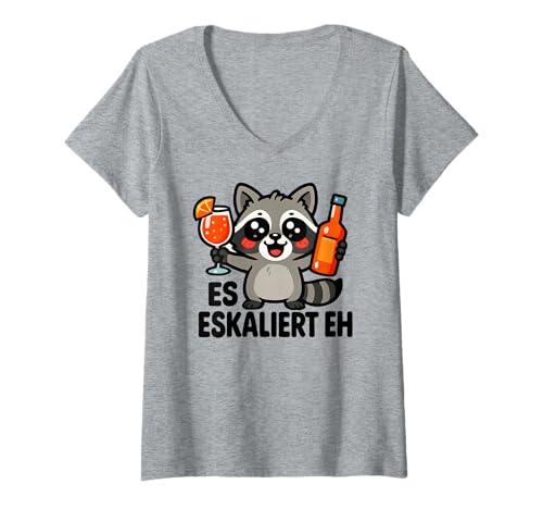 Damen Es Eskaliert Eh - Lustiges Waschbär Party T-Shirt mit V-Ausschnitt von Party & Trinksprüche