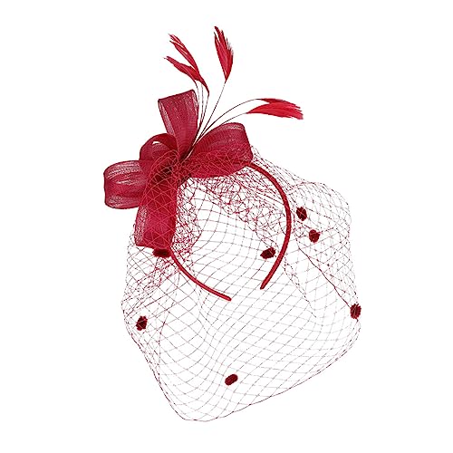PartyKindom 1 Stück Mesh-Kopf-Blume Party-Kopfschmuck Hut zur Hochzeit Braut Haarspangen für Gäste Haarklammer Kopfbedeckungen für Frauen Feder Haarband Frau Kopfbedeckung Gittergewebe Rotwein von PartyKindom