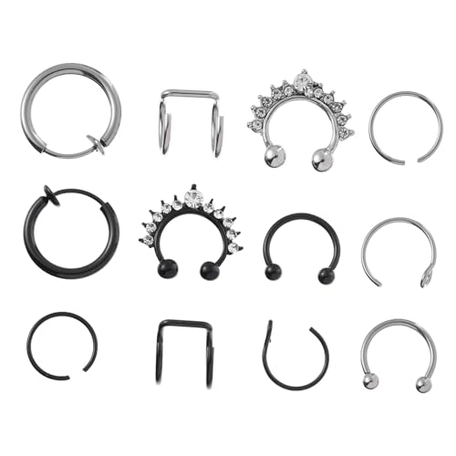 PartyKindom 12 Stück Teiliges Edelstahl Nasenring C form Doppelkreis Nasenstecker Piercing Schmuck Unisex Schwarz und Stahlfarben Damen Herren Stilvolles Nasenpiercing Zubehör von PartyKindom