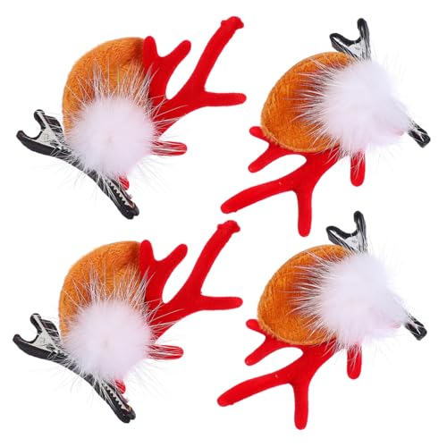 PartyKindom 2 Paare Weihnachts Haarspangen Rentier Geweih mit Flauschigen Weißen Bommeln Elkartige Haarclips Weihnachtlicher Haarschmuck für Frauen und Mädchen Festliche Party Accessoires von PartyKindom