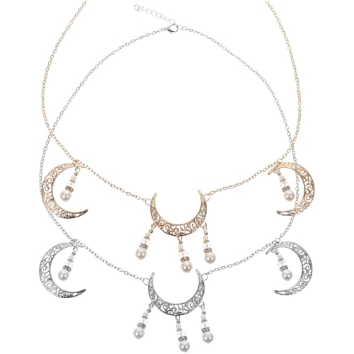 PartyKindom 2 Stück Boho Haar Schmuck Damen Stirnband mit Mond Kristall Anhänger Bohemian Stil Kopfschmuck für Hochzeit Party Festival Gold und Silber Kopfkette Haarschmuck von PartyKindom