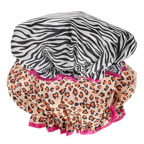 PartyKindom 2 Stück Doppellagige Wasserdichte Duschhaube aus Satin Wiederverwendbar Extra mit Modischem Leoparden und Zebramuster Komfortabel und Wasserabweisend für Damen Zuhause von PartyKindom