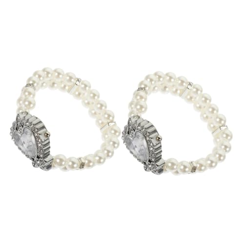 PartyKindom 2 Stück Elegante Damen Armbanduhr Herzform Quarz Analog mit Doppelreihigem Elastischem Perlenarmband Schmuckuhr für Party und Alltag von PartyKindom
