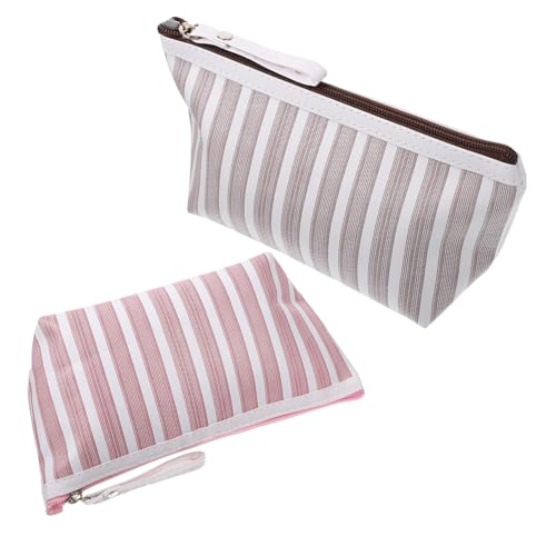 PartyKindom 2 Stück Kosmetiktasche Damen Streifenmuster Handtasche Schminktasche Reise Kulturbeutel Praktisch Robust mit Reißverschluss für Makeup und Toilettenartikel Rosa Braun von PartyKindom