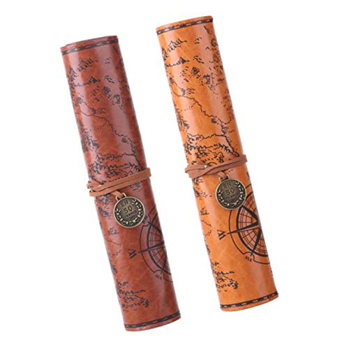 PartyKindom 2stücke Bleistifttasche Retro Leder Aufbewahrungstasche Für Stifte Mit Karte Muster Organizer Für Schule Büro Reisen von PartyKindom