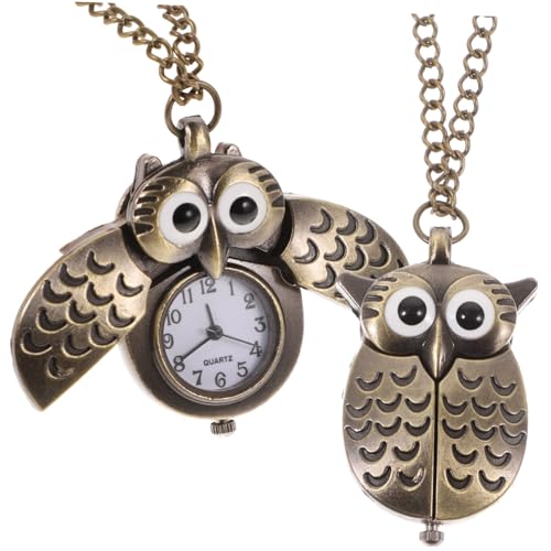PartyKindom 2 Stück Retro Eulen Taschenuhr Anhänger Quarz Uhr Legierung Vintage Design mit Langlebiger Kette Tragbare Flippuhr für Damen und Herren Geschenk für Familie und Freunde von PartyKindom