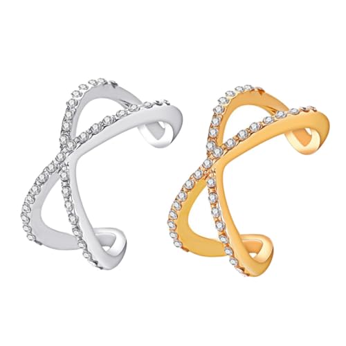 PartyKindom 2 Stück Verstellbare Double Layer Cross Design Ringe mit Funkelnden Schmucksteinen Dekorative Finger Ringe aus Langlebiger Legierung für Damen und Herren Verlobungs und Partyringe von PartyKindom