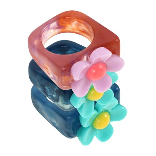 PartyKindom 3 Stück Teiliges Blumen Ring Harz Finger Ringe für Damen Verspielter Schmuck mit und Blauen Ringen für von PartyKindom