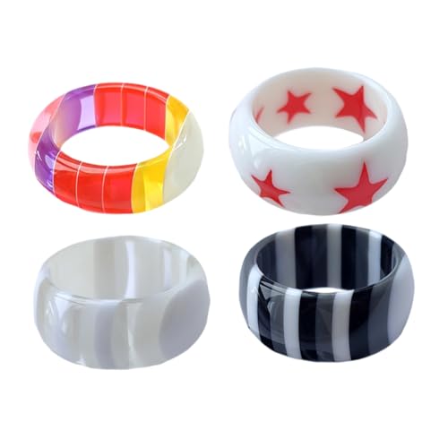 PartyKindom 4 Stück Modischer Resin Fingerring mit Mehrfarbigem Gestreiftem Design Leichter Langlebiger Schmuck für Damen Dekorativer Fingerschmuck Vielseitig Kombinierbar und zu Tragen von PartyKindom