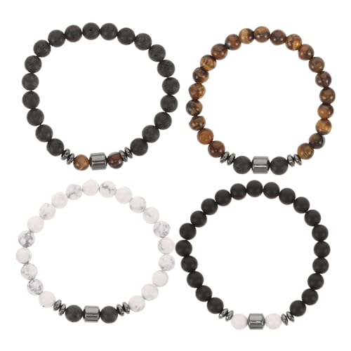 PartyKindom 4 Stück Naturstein Armband mit Lava und Tigerauge Perlen Elastisches Yoga Armband Unisex Handgefertigt Modisch Flexibler Sitz für Männer und Frauen von PartyKindom