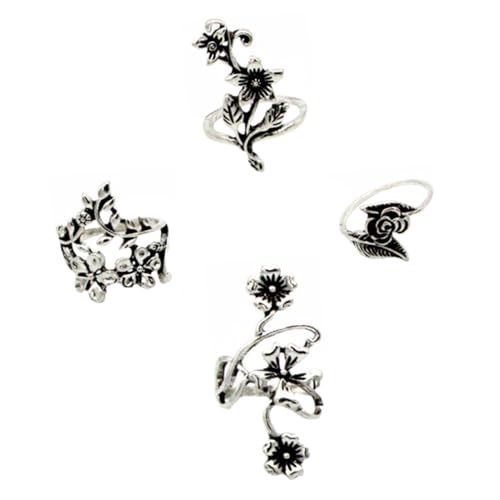 PartyKindom 4 Stück Teiliges Damenring Vintage Legierung Blumen Design Retro Silberfarbene Finger Ringe Leicht Elegant Für Alltag Party von PartyKindom