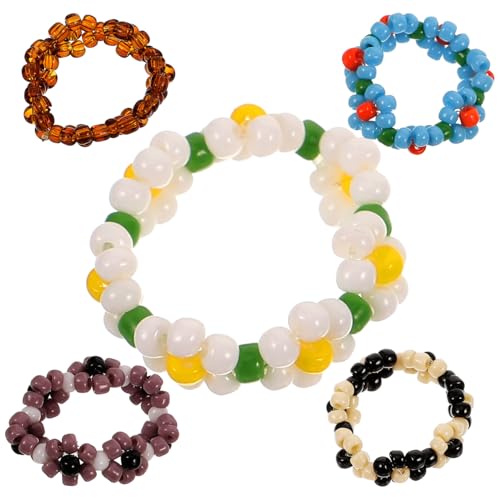 PartyKindom 5 Stück Teiliges Damen Blumenringe Verstellbare Bunte Perlenringe mit Elastischem Band Leichte Schmuckringe für Mädchen Komfortabel und Modisch für Partys und Zufällige Farbe von PartyKindom