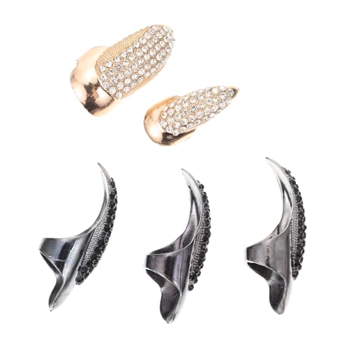 PartyKindom 5 Stück Teiliges Punk Joint Finger Schmuck Lange Fingernagel Ringe mit Strass Kreative Handdekoration Modischer Statement Schmuck für Damen Schwarz Gold Mix von PartyKindom