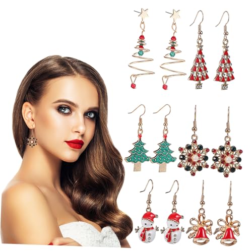 PartyKindom 6 Paare Weihnachtsohrringe Damen Hängend Tropfen Ohrschmuck Weihnachtsbaum Glocken Schneeflocken Weihnachtsmotive Leicht Eleganter Festlicher Schmuck von PartyKindom