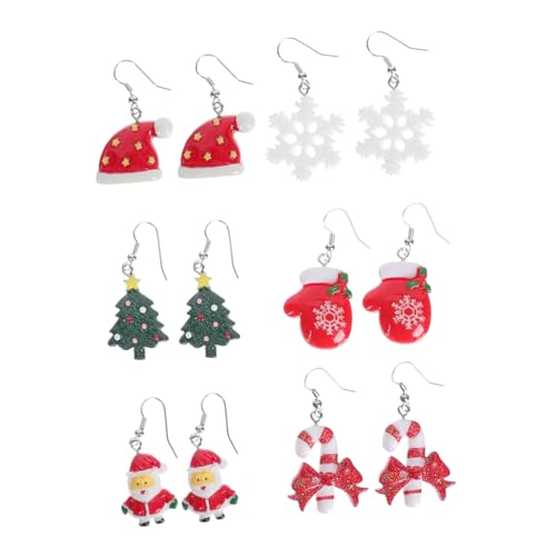 PartyKindom 6 Paare Weihnachtsohrringe Resin Ohrschmuck mit Schneeflocke Weihnachtsmann Schleife Zuckerstange und Baum Sichere Schicke Ohrhänger für Damen Festliche Party Accessoires von PartyKindom