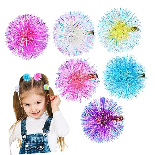 PartyKindom 6 Stück Bunte Pompom Haarklammern mit Glänzenden Folienstreifen Flauschige Haarschmuck Accessoires für Teenager Mädchen und Damen Rutschfeste Haarspangen für Looks von PartyKindom