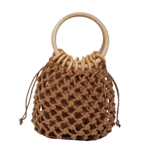PartyKindom Attraktive Damen Handtasche mit Holzgriff Geflochtene Sommer Strandtasche Große Kapazität Reisetasche für Alltag und Urlaub Braun Nachhaltiges Baumwollmaterial von PartyKindom