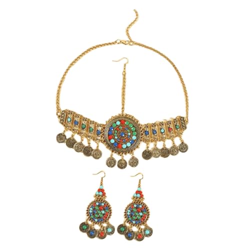 PartyKindom Bohemian Schmuckset Goldfarbenes Ethno Kopfschmuck und Ohrringen Auffällige Strassbesetzung Eleganter Haarschmuck und Halskette für Damen und Frauen Vielseitig Kombinierbar von PartyKindom