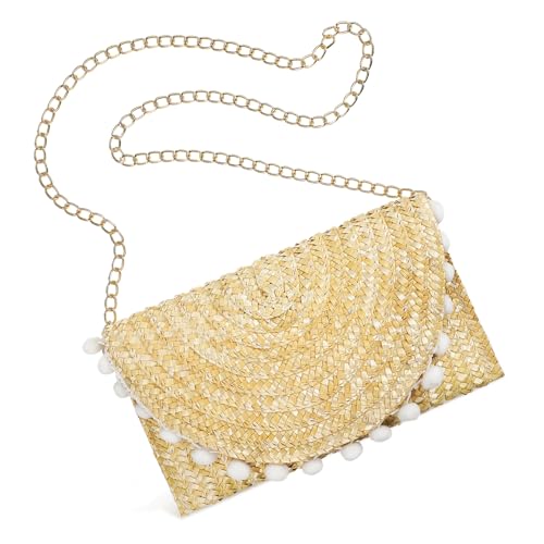 PartyKindom Boho Damen Strohtasche Handgefertigt mit Plüschbällen Mittelgroße Crossbody Umhängetasche für Strand und Alltag Leichte Geflochtene Tasche mit Magnetverschluss Natürliche Sommer von PartyKindom