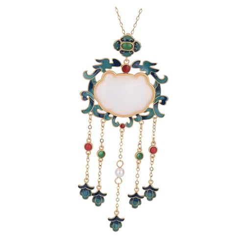 PartyKindom Chinesische Jade Lock Halskette Damen Retro Stil Vergoldet Glücksanhänger Weißer Chalcedon Schmuck für Freundin von PartyKindom