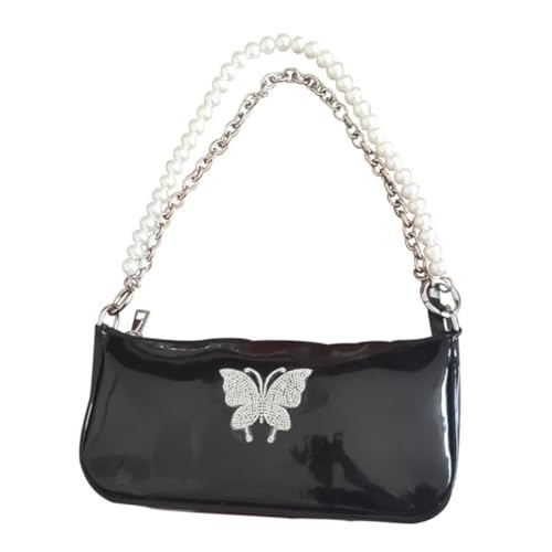 PartyKindom Damen Crossbody Tasche mit Schmetterlingsmuster PU Perlenkette als Schulterriemen Kleine Handtasche für Alltag und Party Langlebig und Geruchsfrei Modisch Chic in Schwarz von PartyKindom