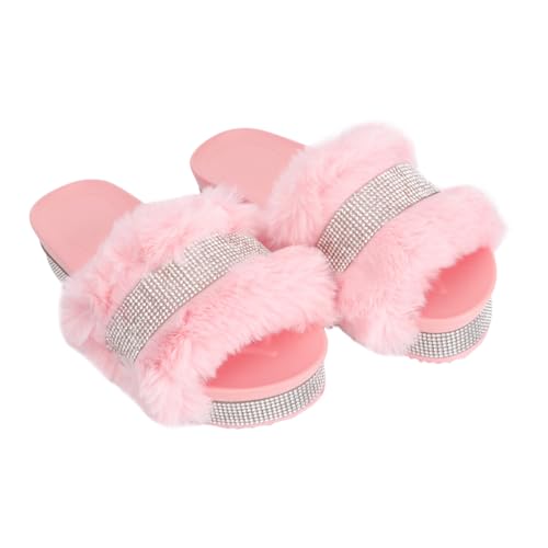PartyKindom Damen Hausschuhe Plüschpantoffeln mit Dicker Sohle und Strassverzierung Warme Weiche Indoor Slipper für Zuhause Atmungsaktiv und Rutschfest Rosa von PartyKindom