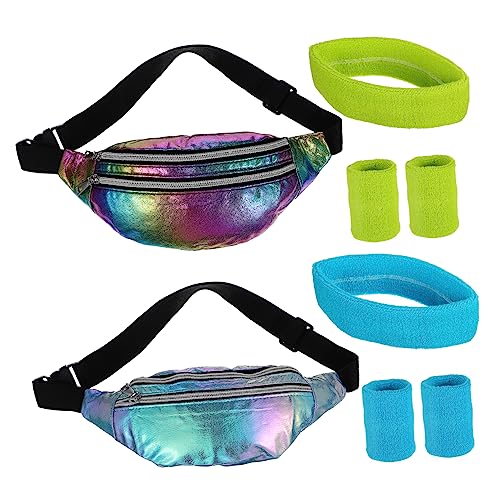 PartyKindom Damen Holographische Bauchtaschen Set mit Stirnbändern und Handgelenkbändern Retro Umhängetasche für Partys und Sport Oxford Wasserabweisend Leicht zu Reinigen von PartyKindom