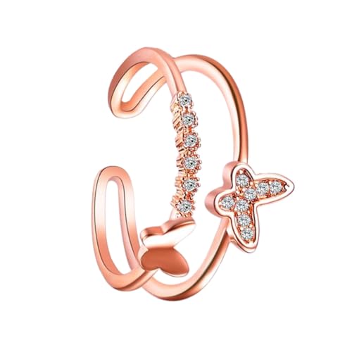 PartyKindom Damen Ring mit Öffnung Doppellagiger Schmetterlings Design Verstellbar Roségoldfarbener Fingerring mit Strassbesatz Modisches Schmuckstück für Stilbewusste Frauen Langlebiges von PartyKindom