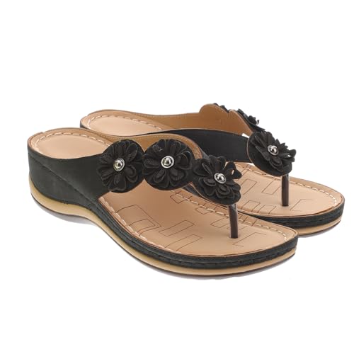 PartyKindom Damen Sandalen Blumenmuster Sommer Schuhe Komfortable Strand Sandalen Schwarz Modisch Leicht Fußbett Geeignet für Freizeit und Urlaub von PartyKindom