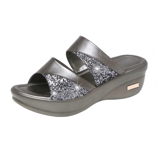 PartyKindom Damen Sommer Wedgesandalen mit Dicker Keilsohle Offene Fischmaul design Graue Freizeitschuhe für Outdoor und Strand Bequeme Mom Slippers Stilvolle Alltags sommerschuhe von PartyKindom