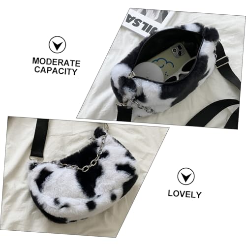 PartyKindom Damen Umhängetasche mit Milchkuh muster Plüsch Schultertasche mit Reißverschluss Leichte Unterarmtasche für Alltag Einkaufen Reisen Tragbar und Robust für Handy und Geldbörse von PartyKindom