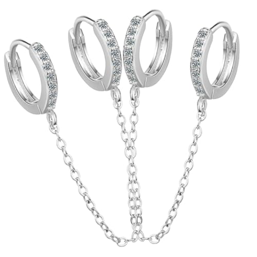 PartyKindom Doppel Creolen Ohrringe mit Zirkonia Kette Stilvolle Kupfer Ohrschmuck für Damen Hautfreundlich Modisch für Alltag Party Dating Silberfarbene Ohrhänger von PartyKindom