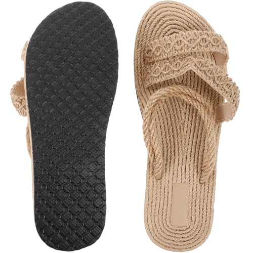 PartyKindom Flache Damen Sandalen mit Gewebter Hanfbasis Modische Sommer strandsandalen in Beige Leichte Urlaubsschlappen mit Stabilem Absatz Vielseitig Kombinierbar von PartyKindom