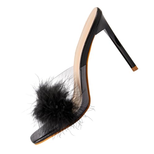 PartyKindom Flache Sandalen Damen mit Quadratischer Spitze Flauschiger Dekoration Dünnem Absatz Transparente Sommerschuhe Leichte Bequeme Sandaletten für Frauen Modische Outdoor slides von PartyKindom