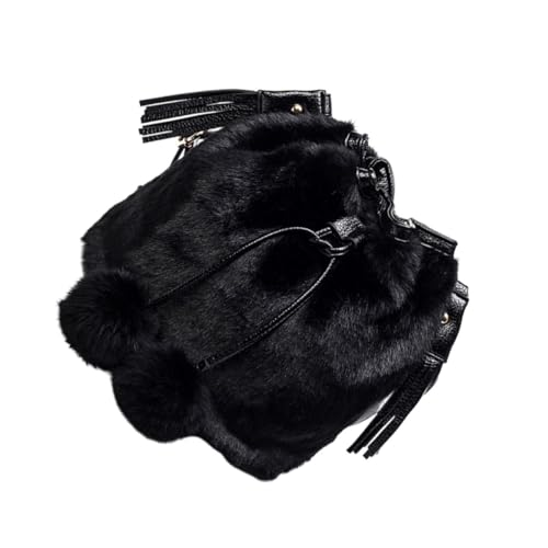 PartyKindom Flauschige Umhängetasche Damen Schwarz mit Kordelzug Beuteltasche Modisch Vielseitig Verwendbar als Schultertasche und Handtasche für Alltag und Freizeit von PartyKindom