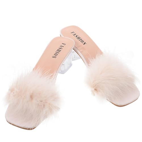 PartyKindom Fluffy Heels Damen Slipper mit Fersenpelz Sommer Sandalen Bequeme Flache Hausschuhe für Alltag und Party Modisch Atmungsaktiv Leicht Anzuziehen Geeignet für Arbeit und Freizeit von PartyKindom
