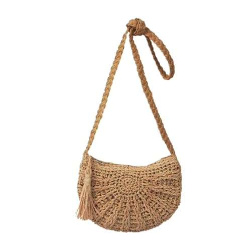 PartyKindom Handgefertigte Strohtasche Damen Halbkreis Gewebte Umhängetasche mit Quaste Strandtasche Leicht Braun Crossbody Bag für Alltag Reise von PartyKindom