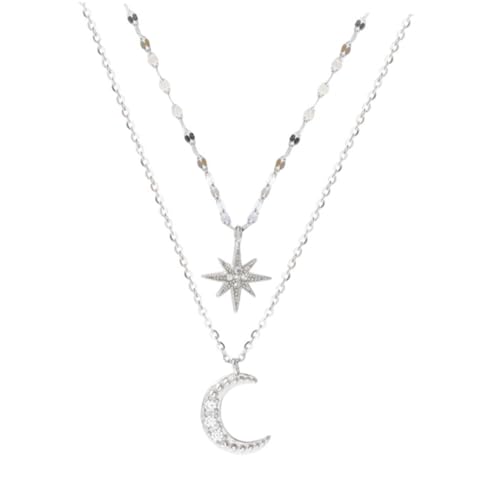 PartyKindom Layered Choker Halskette Damen mit Stern Mond Anhänger Zweireihig mit Funkelnden Strasssteinen Silber Schmuck für Alltag Hochzeit Geburtstag Valentinstag von PartyKindom