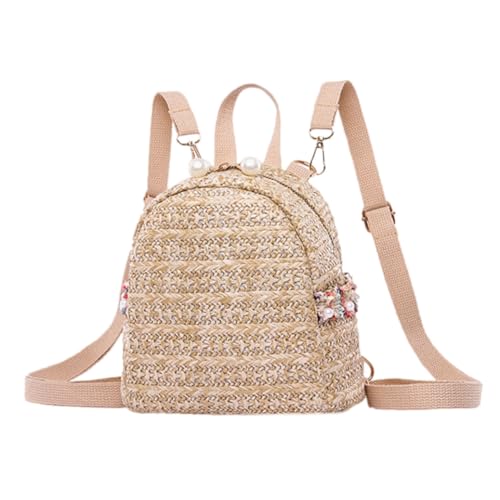 PartyKindom Mini Rucksack Damen Eleganter Geflochtener Freizeitrucksack aus Naturstroh mit Perlen Verzierung Vielseitig Tragbar als Schulter oder Doppelrucksack für Reisen und Alltag in von PartyKindom
