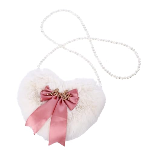 PartyKindom Plüsch Umhängetasche Damen Herzform Flauschige Schultertasche mit Schleifen Dekor Vielseitige Tragbar für Alltag und Freizeit Weiß von PartyKindom