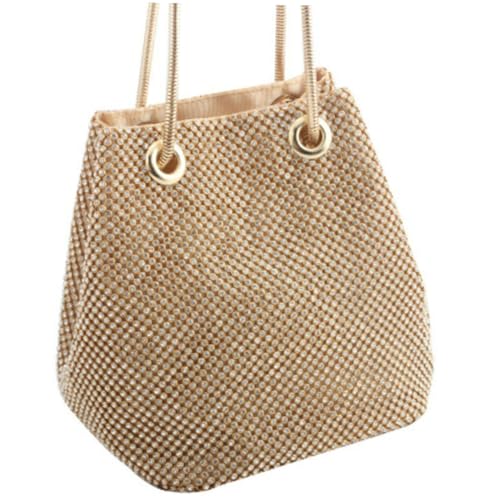 PartyKindom Polyester Damen Schultertasche mit Funkelnden Strasssteinen Stilvolle Handtasche im Bucket stil Goldfarben Modisch für Abendveranstaltungen und Alltag Vielseitig für Frauen und von PartyKindom