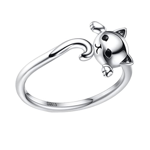 PartyKindom Sterling Silber Offener Damenring mit Katzenmotiv Verstellbar Modischer Schmuck Einzigartiges Design für Alltag Kostümpartys Festivals und von PartyKindom