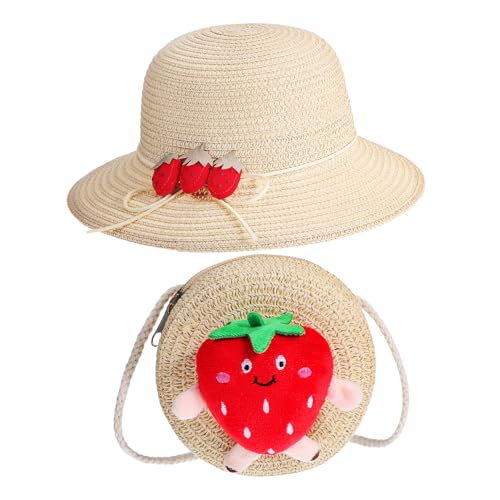 PartyKindom Strawberry Strohtasche und Hut Kleine Geflochtene Crossbody Tasche Leicht und Robust Süße Umhängetasche mit Sonnenschutz für Sommer Strand und Freizeit von PartyKindom