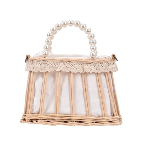 PartyKindom Strohhandtasche Damen Quadratisch mit Perlenhandgriff Modische Strandtasche Khaki Große Öffnung Vielseitige Umhängetasche für Schule Arbeit Shopping von PartyKindom